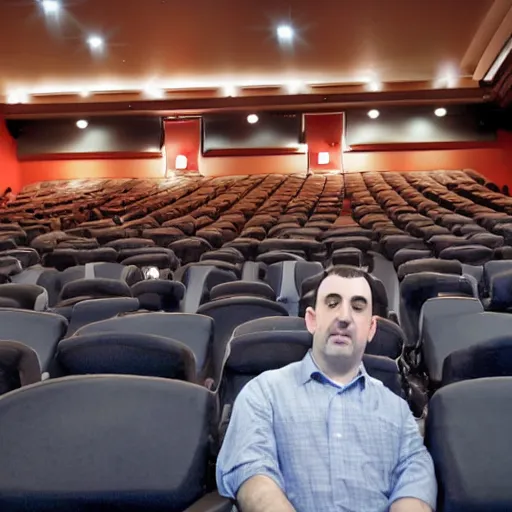 Prompt: mike stoklasa working at a movie theatre 4k high quality