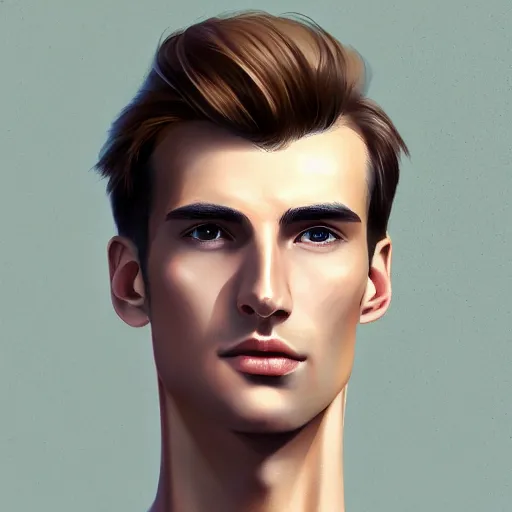 Image similar to tall man in his twenties with brown blond short quiff hair and thin slightly round facial structure with cleft chin, straight eyebrows and prominent nose, good definition of cheekbones, big hazel nut brown eyes, narrow face, slim body, atmospheric lighting, painted, intricate, 4 k, highly detailed by charlie bowater