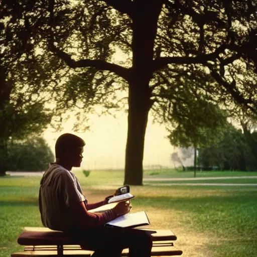 Image similar to 1 9 9 0 s candid 3 5 mm photo of a man sitting on a bench in a park writing in a notebook, cinematic lighting, cinematic look, golden hour, the clouds are epic and colorful with cinematic rays of light, photographed by petra collins, hyper realistic