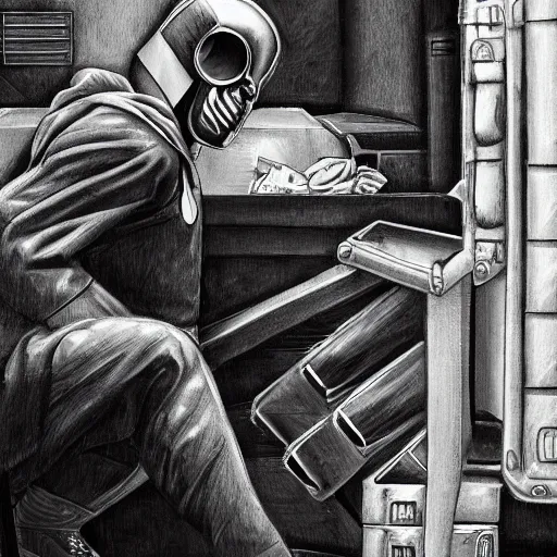 Image similar to photorealistic detail portrait of a doctor doom repairing his garbage machine, good lighting, trendy, good quality, smooth draw, sharp focus, trending on deviantart.