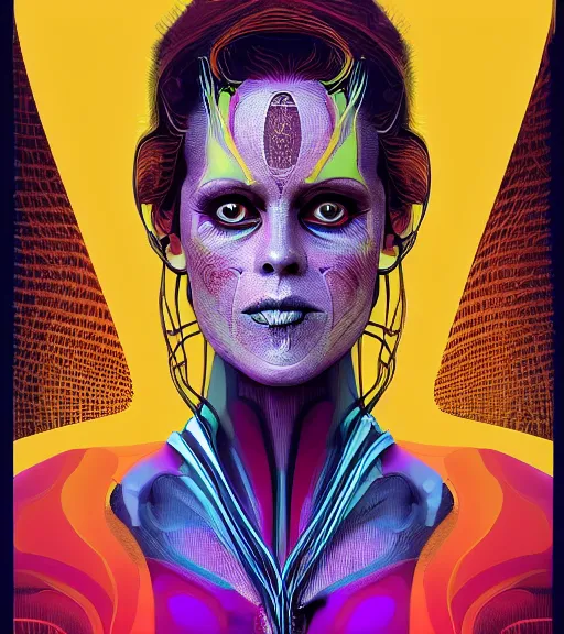 Image similar to beautiful female character inspired by venice carnival and pop art sigourney weaver ellen ripley | | digital artwork made by greg rutswork, anna dittmann and lois van barlee, symmetrical, anatomically correct