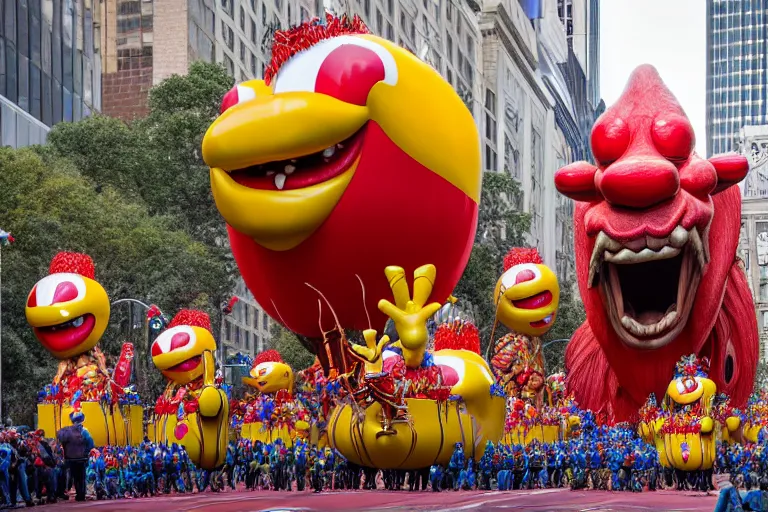 Image similar to photo of giant beautiful elaborate parade float characters designed by geoff darrow!!!! and ( ( ( ( ( ( peter jackson ) ) ) ) ) ), in the macys parade, detailed 4 k photo