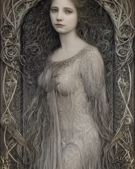 Image similar to matte painting portrait shot, beautiful mira sorvino, detailed and intricate by jean delville, gustave dore and marco mazzoni, art nouveau, symbolist, visionary, colourful, pre - raphaelite