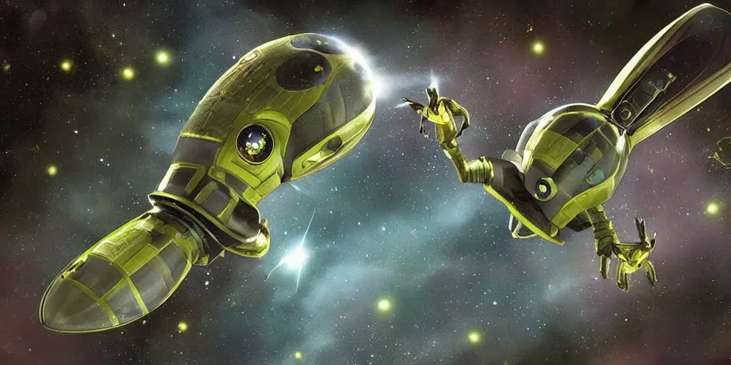 Image similar to lightning bug descendant 1 million in the future is a quadruped with big eyes. the bug wears a spacesuit, and explores the cosmos in a bug - shaped spaceship. science fiction blockbuster movie bugs save the planet or the bug from saturn, blade runner, rogue one
