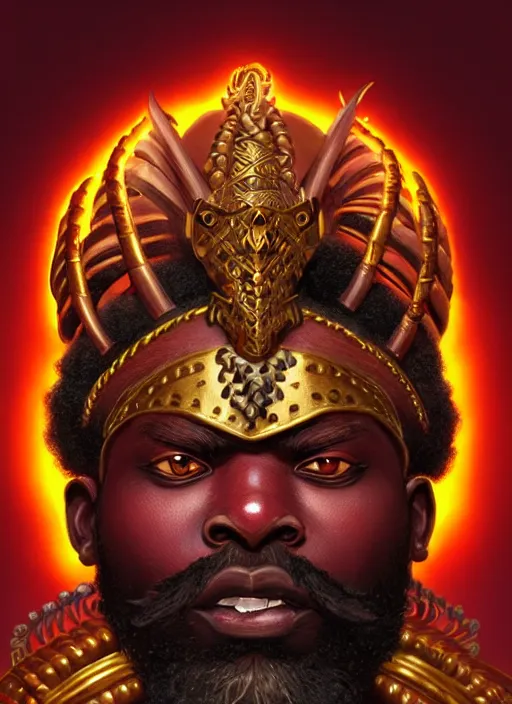 Prompt: angry orisha warrior god ogun, bronze skin tone stong and masculine, bushy beard, glowing red eyes, volumetric lights, mauve and gold scheme, tribal, intricate, highly detailed, digital painting, artstation, concept art, smooth, sharp focus, illustration, kemetic symbolism, art by artgerm and greg rutkowski and alphonse mucha