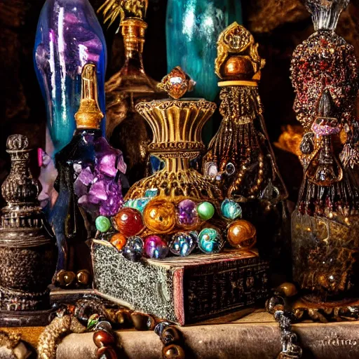 Prompt: dramatic photo of an ancient dark byzantine cave interior, ornate Murano blown glass bottle on a pile of crystals, books covered in jewels, ornate, surrounded by strange crystals and treasure, full of sand and glitter, Byzantine, cinematic, jewels, 35mm lens