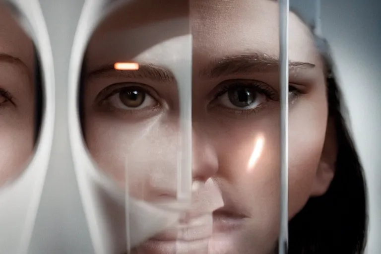 Image similar to movie closeup polar opposites, couple, researchers in a futuristic lab building inter dimensional portal machine, beautiful skin, Symmetrical faces. Beautiful lighting by Emmanuel Lubezki