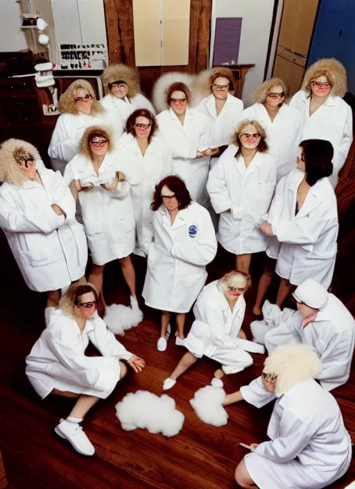 Image similar to realistic photo of a group of female scientists wearing white shorts, faces covered with white paint, watching at a levitating fluffy furry cloud, in a living room laboratory with many wooden gadgets made of wood interior is made of wood 1 9 9 0, life magazine reportage photo, natural colors