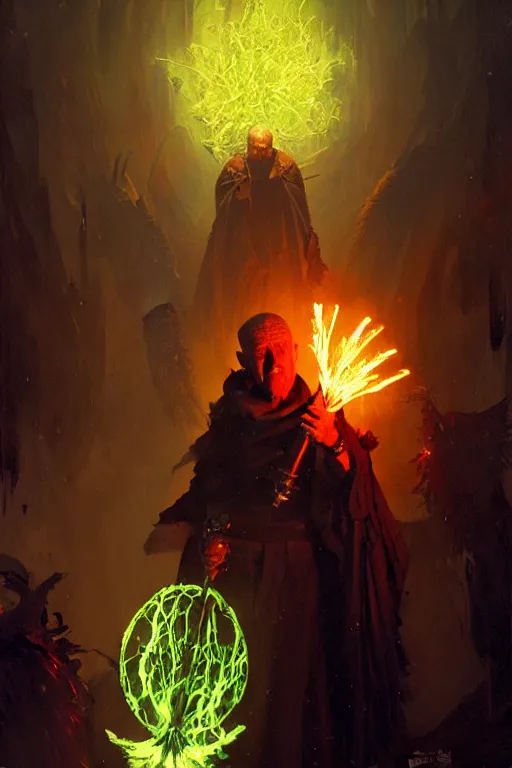 Prompt: crazy, insane old priest in dirty robes, surrounded by a force field of glowing crow feathers, holding a glowing warhammer portrait dnd, painting by gaston bussiere, craig mullins, greg rutkowski, yoji shinkawa