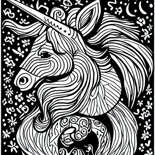 Image similar to unicorn, children's coloring book, black and white