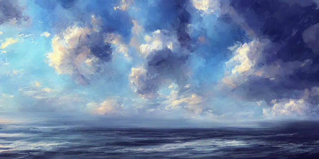 Image similar to painterly concept art landscape with oceans, clouds, and birds