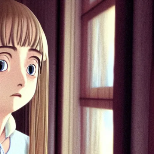 Prompt: Film still of Dakota Fanning, from Spirited Away (Studio Ghibli anime from 2001)