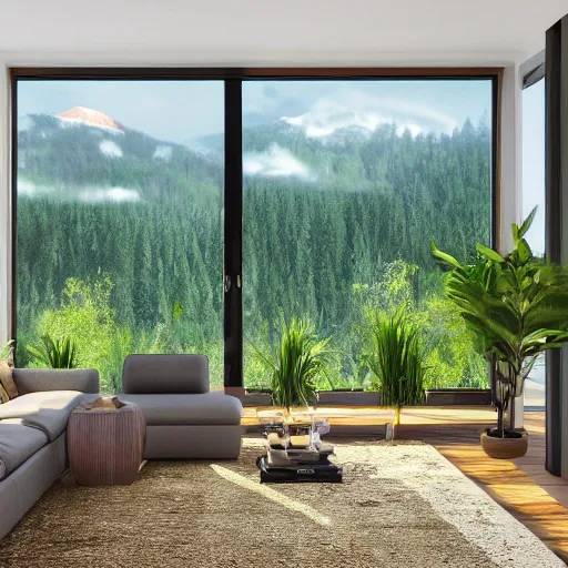 Image similar to a beautiful modern living room with wood floors, large windows with a beautiful view, an area rug, plants, forest, mountains, realistic, hd, 8 k, digital rendering, unreal engine, blender, octane, maya