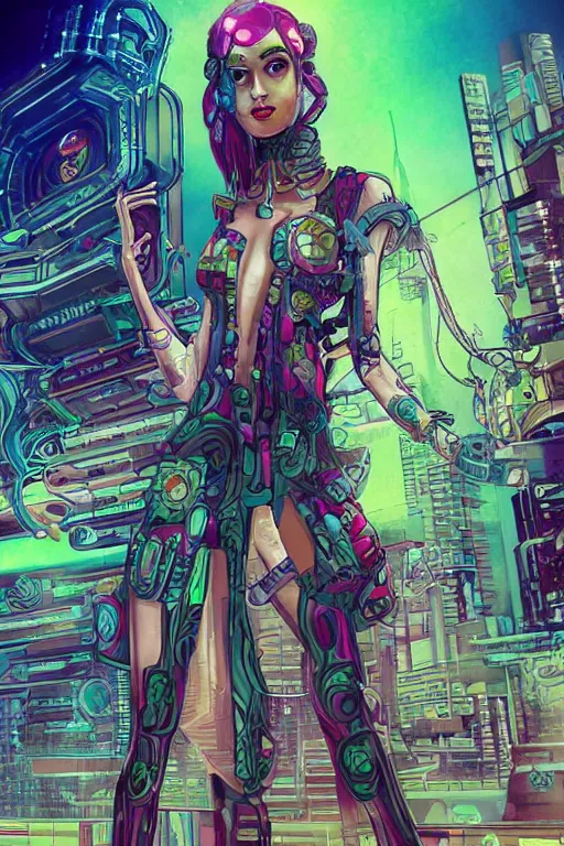 Image similar to attractive female android in feminine pose on a hyper-maximalist overdetailed retrofuturist scifi bookcover illustration from '70s. Inspired by shadowrun darkscifi utopia.. Biopunk, solarpunk style. Daytime