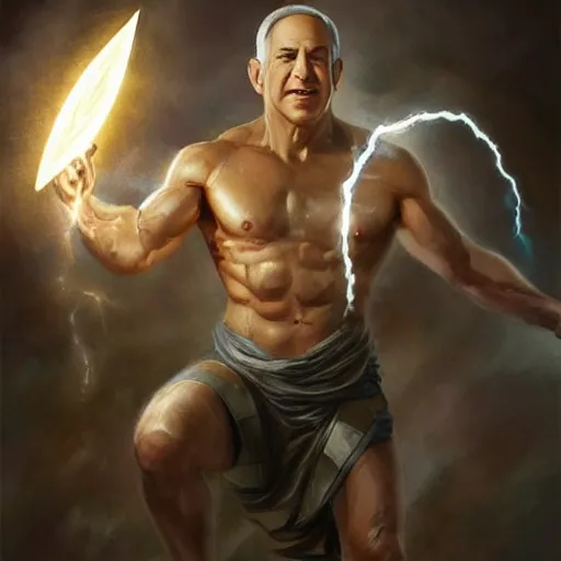 Image similar to benjamin netanyahu as the greek god of lightning, shooting lightning from hands, highly detailed, ultra clear, by artgerm and greg rutkowski