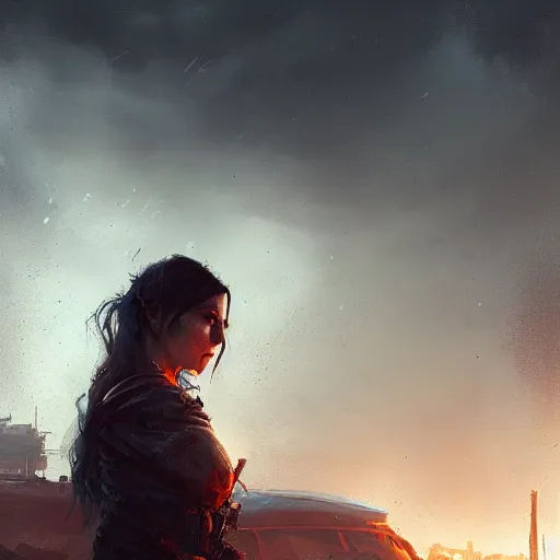 Prompt: a portrait of a very beautiful woman with sad face, post apocalyptic earth in the background as seen by greg rutkowski, dark theme, enchanted, warm colors, high quality, waw, trending on artstation