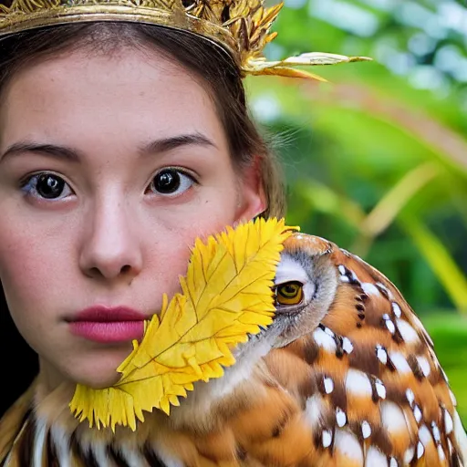 Image similar to portrait photograph of beautiful!!!! young female , symmetric face!, symmetric eyes, slight smile, natural light, wearing a yellow kimono!! with a very detailed barn owl! on her shoulder in a tropical greenhouse. looking at the camera!!. golden crown made of golden leaves. super resolution. Extremely detailed. Graflex camera!, bokeh!!!!!.