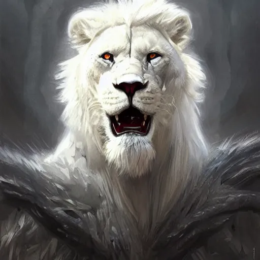 Image similar to anthropomorphic male muscular albino white lion, wearing beautiful vikings armor, darkness aura red light, fantasy, dark, black and white high contrast portrait art by donato giancola and greg rutkowski, realistic face, digital art, trending on artstation, symmetry