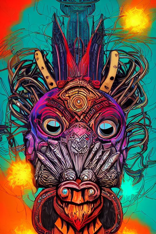 Image similar to totem animal tribal chaman vodoo mask feather gemstone plant wood rock video game illustration vivid color borderlands by josan gonzales and dan mumford radiating a glowing aura