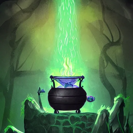 Image similar to a black cauldron filled with a magical green glowing potion hanging above a small campfire, night, fantasy, digital art, mysterious