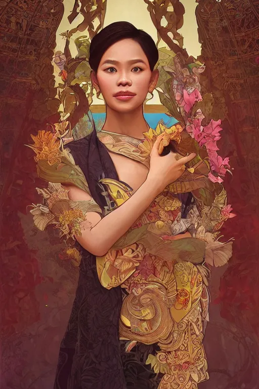 Image similar to portrait of an indonesian celebrity as an architect, highly detailed, digital painting, artstation, concept art, sharp focus, illustration, art by kittichai rueangchaichan and james gurney and alphonse mucha