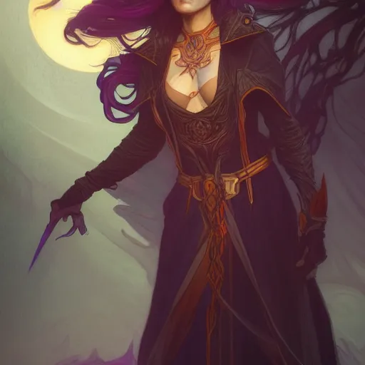 Image similar to a female warlock posing for photo , dynamic pose, natural lighting, medium level shot , epic scene, Mucha style , Grim fantasy, illustration ,concept art,