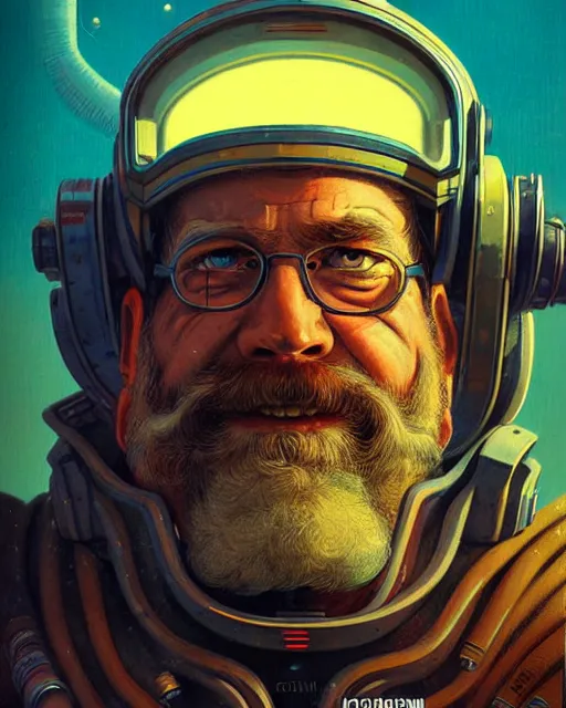 Image similar to torbjorn from overwatch, character portrait, portrait, close up, concept art, intricate details, highly detailed, vintage sci - fi poster, retro future, vintage sci - fi art, in the style of chris foss, rodger dean, moebius, michael whelan, and gustave dore