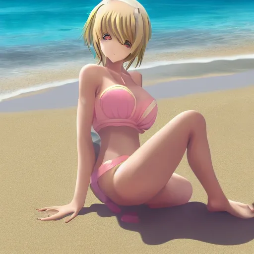 Prompt: a pretty anime girl sitting on the beach with big chest and big butt
