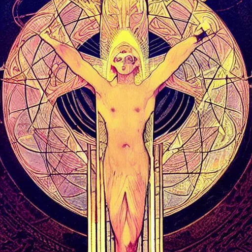 Prompt: a spiritual cross on top of a holy mountain, holy geometry, Mucha, Moebius, Mohrbacher