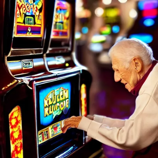 Image similar to an elderly person playing with a slot machine