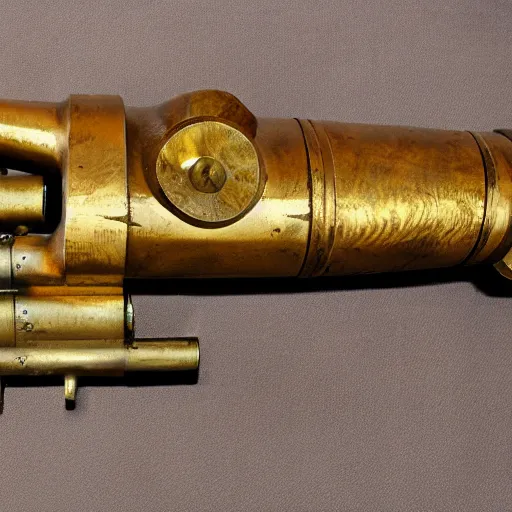 Prompt: Brass scoped pneumatic 18th century volcanic gun, magazine fed, intricate wooden intarsia