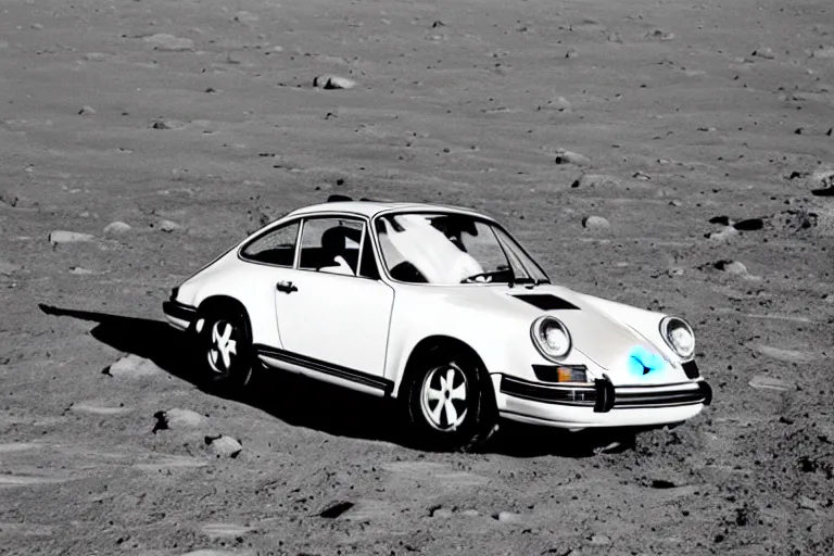 Prompt: vintage photo of a porsche 911 on the moon being driven by an astronaut. wide shot. apollo moon landing