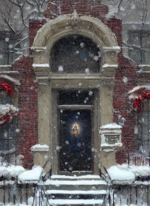 Prompt: new york apartment building in winter, close up of wreath on door, snow, artwork by gaston bussiere, craig mullins, trending on artstation