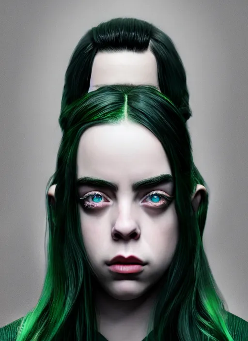 Image similar to Billie Eilish as female loki by, hyper detail, hyper realistic, octane render, noir, gorgeous symmetrical face, elegant,