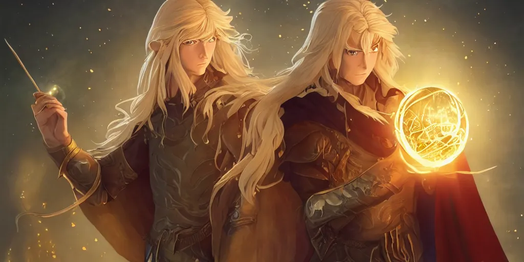 Image similar to a male elven sorcerer with honey blond medium long hair in a leather armor, wearing a cape, holding a glowing orb, dungeon background, magical, bright, colorful, fantastic lighting, amazing details, 4 k uhd, illustration by hayao miyazaki and makoto shinkai and ilya kuvshinov, artstation, pixiv,