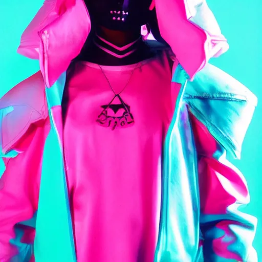 Image similar to cyberpunk streetwear anthropomorphic badger, health goth, sleek futuristic style, 2070s, fashion magazine photography, 35mm film, turquoise and pink lighting, dynamic pose