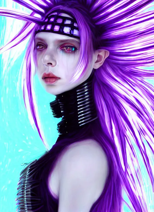 Image similar to hair whitebangs hair, black cyberlox, portrait of teenage girl with white bangs, whitebangsblackhair, messy bangs, cyberlox, whitebangs, red irises, purple clothes, intricate, elegant, glowing lights, highly detailed, digital painting, artstation, concept art, sharp focus, illustration, art by wlop, mars ravelo and greg rutkowski