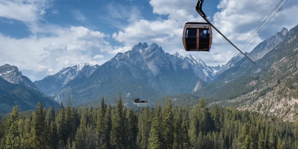 Prompt: detachable gondola, mountains at background, 4 k,