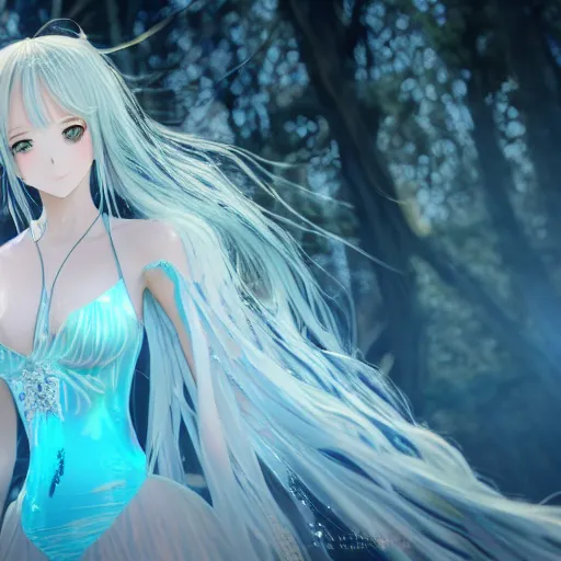 Image similar to a very beautiful anime girl wearing a dress made of water standing in a crystal lake , full body, long white hair with azure blue highlights blending into the dress , azure blue watery eyes, full round face, seductive over the shoulder glances , lens flare, cinematic lighting, medium shot, mid-shot, highly realistically detailed, trending on artstation, Unreal Engine 4k, Stanley Artgerm Lau, WLOP, Rossdraws, James Jean, Andrei Riabovitchev, Marc Simonetti, and Sakimichan
