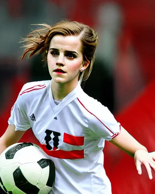 Image similar to a portrait of emma watson as a lokomotiv football player, hyper realistic