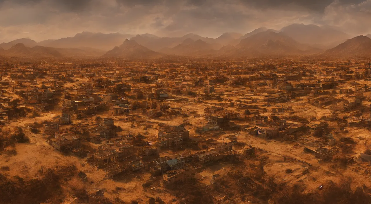 Prompt: A ground level photograph of a small village on the horizon of an empty desert, highly detailed, vibrant, colorful, 4k, cinematic lighting, artstation, cgsociety