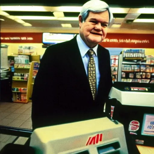 Image similar to Former House Speaker Newt Gingrich minding the till at a 7/11. CineStill