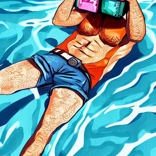 Image similar to Main character of Hotline Miami video game sunbathing at the beach, digital painting, detailed, realism