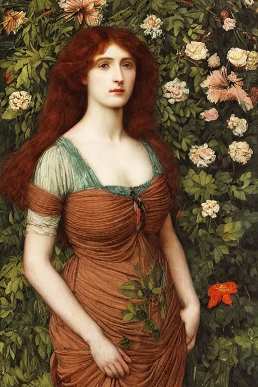 Image similar to a pre-raphaelite portrait of a woman in a mythical dress with floral decoration