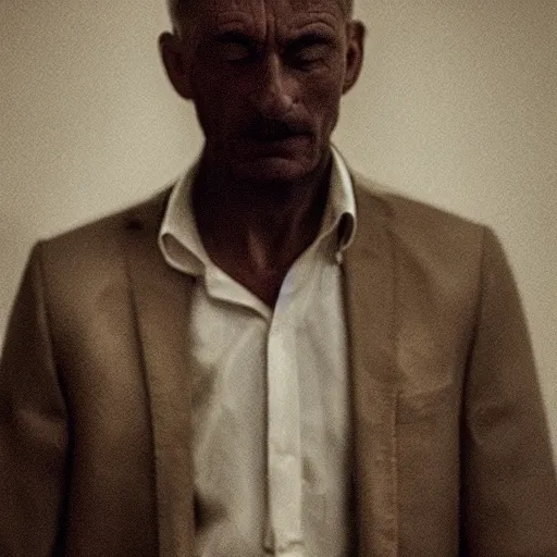 Prompt: Photo of a stern man in a beige peak lapel suit with a sad and melancholic look, deeply depressed, grieving, chiaroscuro, facing the camera, closeup shot, cinematic promo material, by Nicola Samori