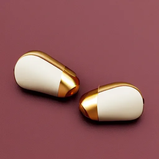 Image similar to beige teardrop-shaped truly wireless earbuds with gold accents, studio, product photo