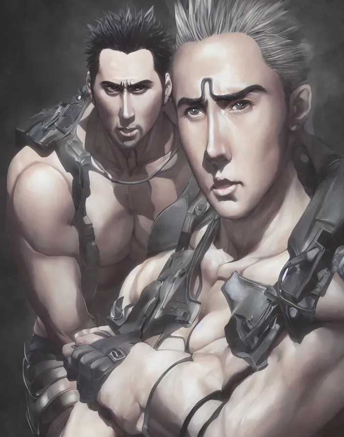 Image similar to anime portrait of nicolas cage as a muscular anime boy by Stanley Artgerm Lau, WLOP, Rossdraws, James Jean, Andrei Riabovitchev, Marc Simonetti, and Sakimichan, trending on artstation