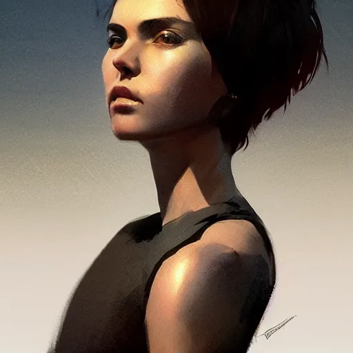 Prompt: portrait of an american girl with short hair, men's haircut, dramatic lighting, illustration by greg rutkowski, yoji shinkawa, 4 k, digital art, concept art, trending on artstation