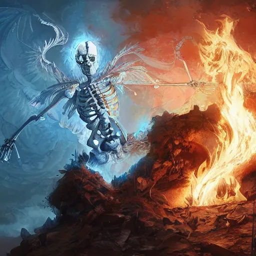 Image similar to skeleton burning in divine holy god ray spell scroll art by artgerm and greg rutkowski and Craig Mullins, James Jean, Andrey Ryabovichev, Mark Simonetti and Peter Morbacher 16k