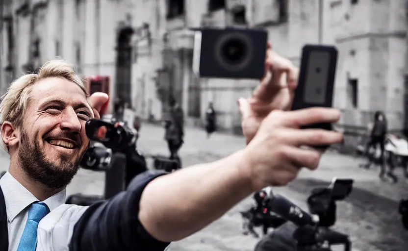 Image similar to frankestein boris karlof smiling taking a selfie, breaking news footage, action, motion, photojournalism